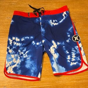Hurley Blue Tie-Dye Swim Shorts with Red Accents